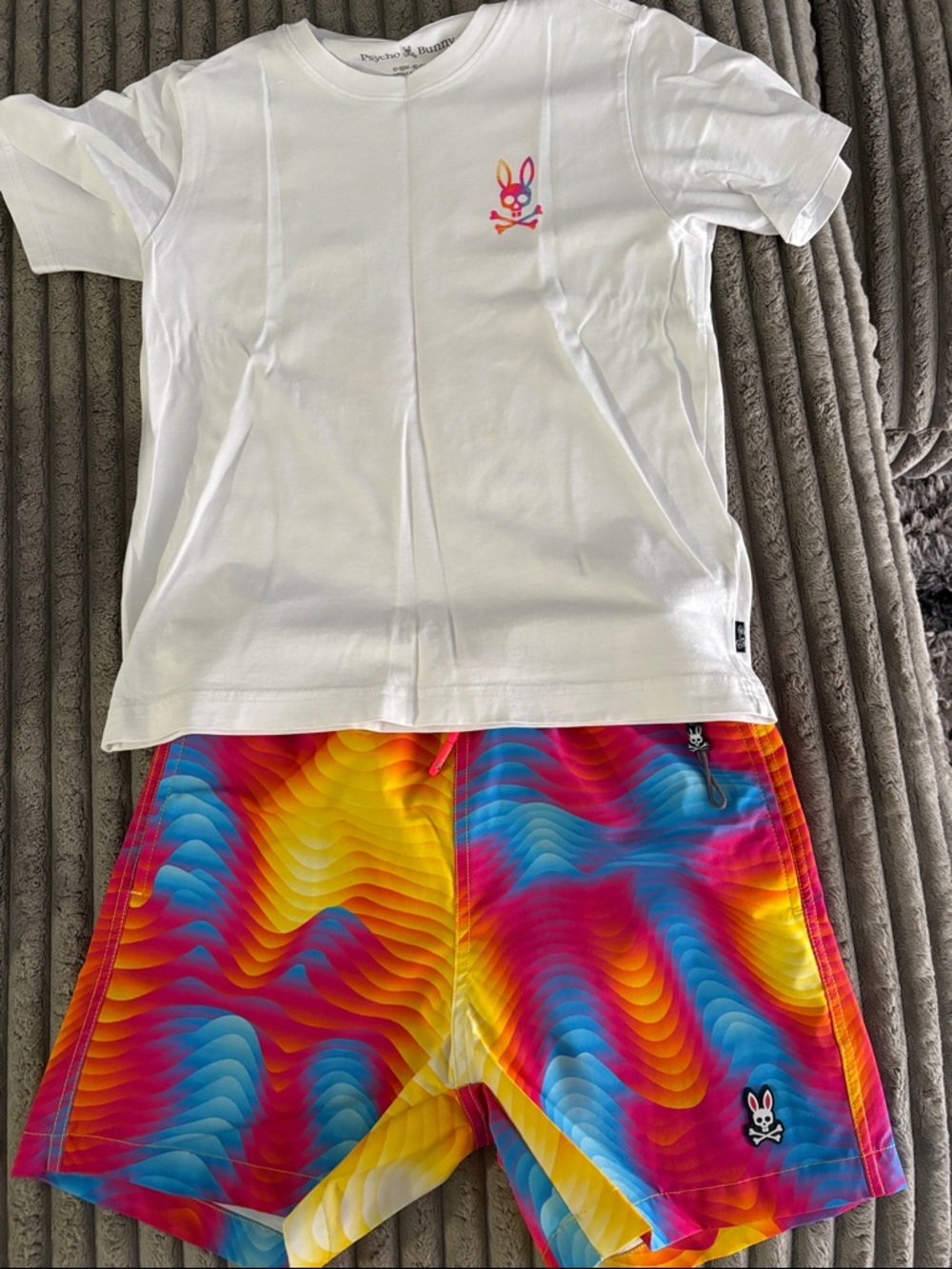 Psycho Bunny White Logo Tee with Rainbow Wave Swim Shorts
